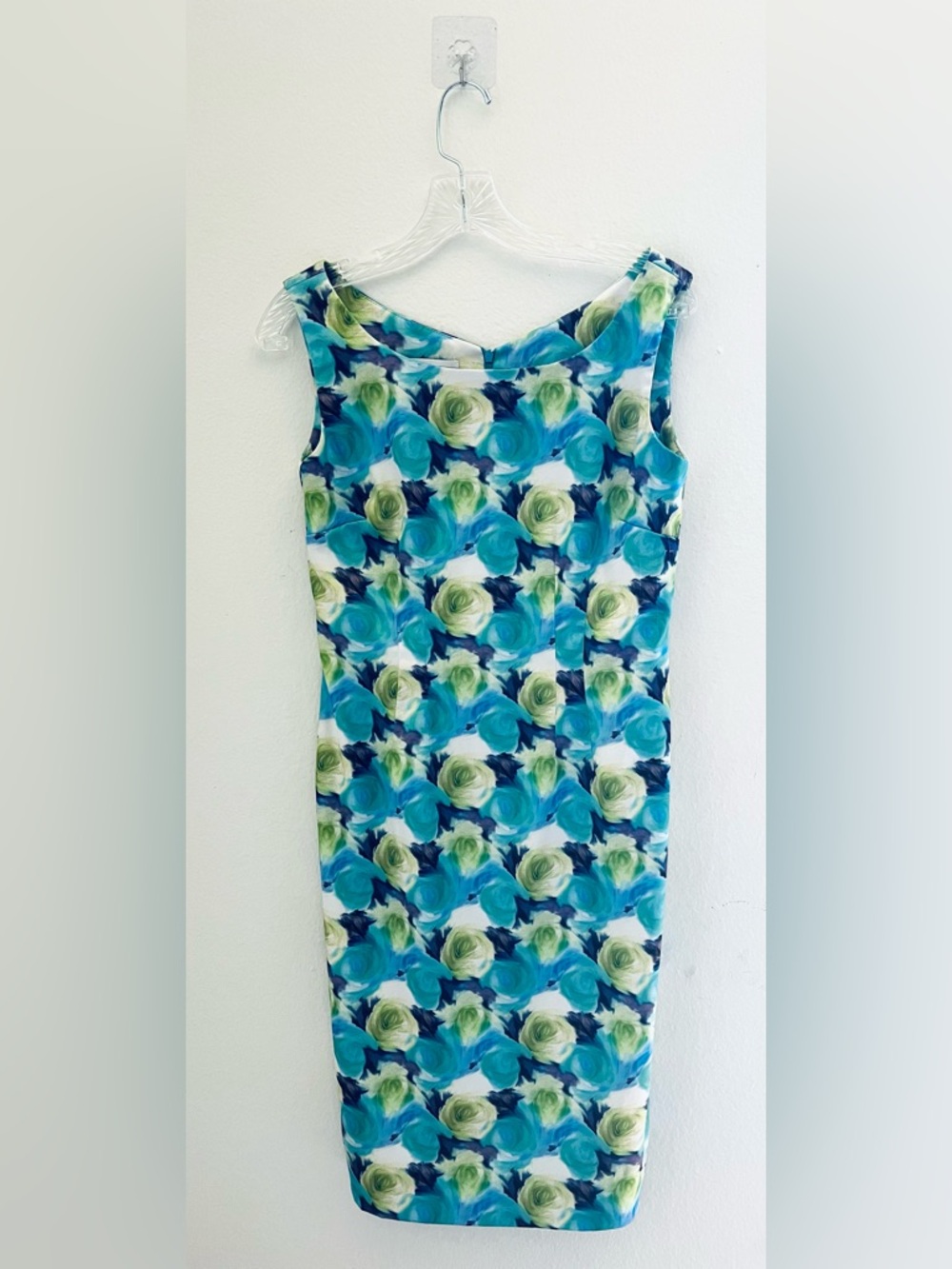 Sara Campbell Made in USA Floral Sheath Dress Blue Green Fitted Midi Elegant 2